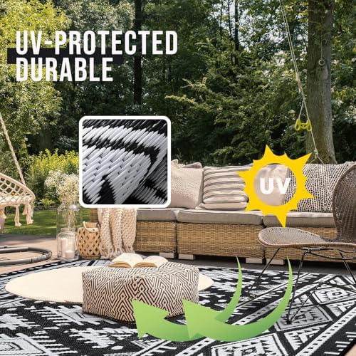 OLANLY Outdoor Rug Waterproof 10x14 ft, Reversible Outdoor Plastic Straw Rug, Boho Patio Rug, Indoor Outdoor Carpet, RV Mat Outside for Patio, Camp, Picnic, Balcony, Deck, Backyard, Black & White - color: Black & White, size: 10' X 14' (Rectangular)