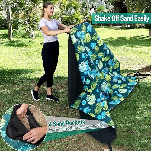 PY SUPER MODE Picnic Blankets Extra Large with Pergola, Green Flowers Waterproof Foldable Outdoor Beach Blanket Oversized 83x79” Sandproof, 3-Layer Picnic Mat for Camping, Hiking, Travel, Park - color: Green
