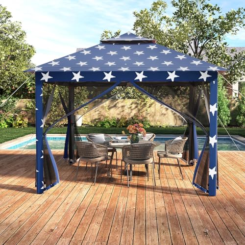 Goplus11 ft × 11 ft Pop up Gazebo, Portable Screen Canopy Shelter w/Mesh Netting Sidewalls, Vented Top, Drainage Holes, Heavy-Duty Height Adjustable Easy Setup Party Tent for Backyard - color: American Flag