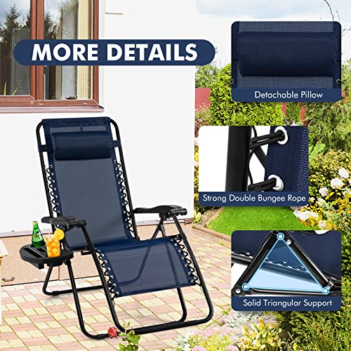Giantex 2 PCS Zero Gravity Chair, Outdoor Chaise Lounge with Cup Holder, Patio Folding Chairs Recliner for Yard Pool Lawn Balcony - color: Navy, size: 1 Count (Pack of 2)