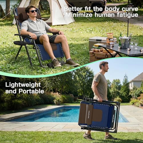 Amopatio Foldable Zero Gravity Chair, Oversized Outdoor Reclining Chair, 500LB Weight Capacity XLPatio Recliner with 0-170° Adjustable Backrest, Heavy Duty Lounge Chair with Cup Holder - color: Blue-brown, style: 29in-1pc