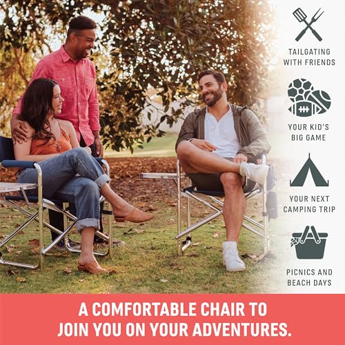 PICNIC TIME Sports Chair with Side Table and Armrest Caddy, Lightweight Aluminum Folding Outdoor Camping Chair for Adults, Portable Director Style Lawn Seating with Pockets & Carry Strap, (Red) - color: Red