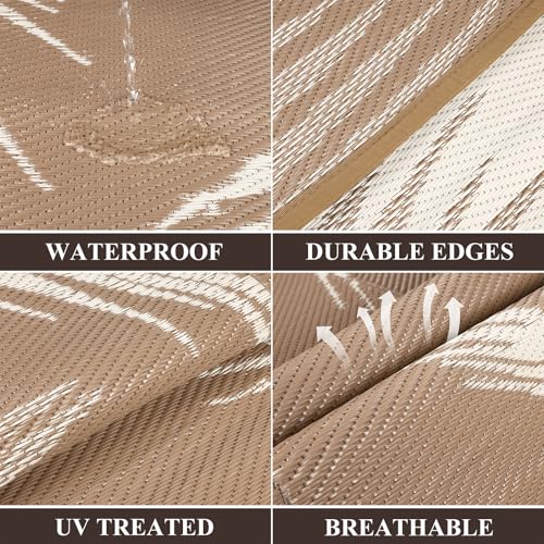 Pauwer Waterproof Outdoor Rug 8x10, Reversible Plastic Straw Patio Camping Rug, Indoor Outdoor RV Mat Carpet for Deck, Camper, Porch, Balcony, Backyard, Picnic, Leaf Brown - color: Leaf Brown, size: 8' x 10' (Rectangular)