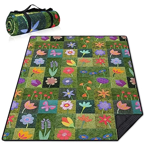 Supfitness Extra Large Picnic Blankets Waterproof Foldable (60 "x 80") Beach Blanket Waterproof Sandproof,3-Layer Thicking Mat Outdoor Packable Camping Blanket - color: Flower-1, size: 5' x 6'8" (Rectangular)