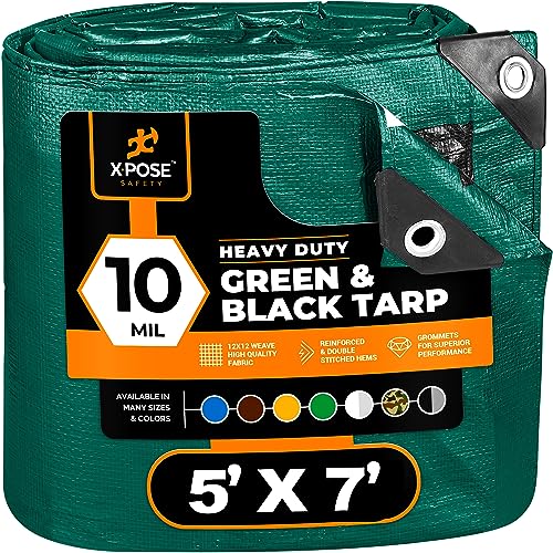 Heavy Duty Poly Tarp - 5' X 7' - 10 Mil Thick Waterproof, UV Blocking Protective Cover - Reversible Green and Black - Laminated Coating - Grommets - by Xpose Safety - color: Green/Black, size: 5 Feet X 7 Feet