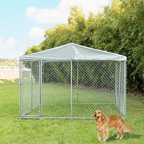 Outdoor Large Dog Kennel, Heavy Duty Dog Cage Pet House Galvanized Steel Fence Dog Playpen Puppy Exercise Pen Dog Run Cage w/UV & Waterproof Cover and Secure Lock (9.84'Lx9.84'Wx7.21'H) - size: 9.84'Lx9.84'Wx7.21'H