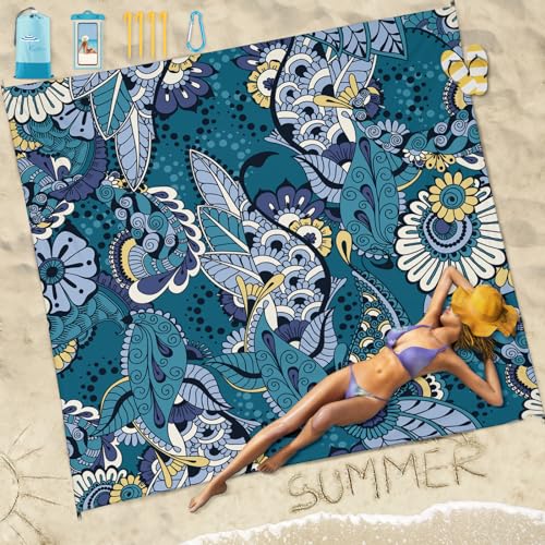 Famstar Beach Blanket Sandproof Waterproof 78''×81''1-5 Adults Oversized,Compact Lightweight Durable Beach Mat for Travel Camping Hiking Picnic Blanket - color: Green Flower, size: 78''×81''