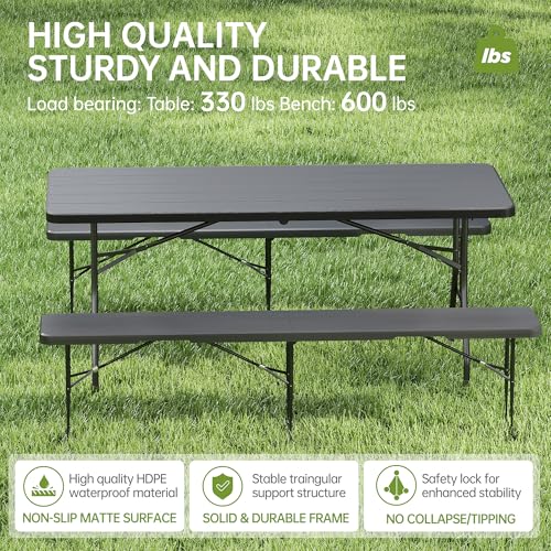 Real Relax 6' Picnic Table with 2 Benches, 3 Piece Black Wood Grain Portable HDPE Folding Camping Table and Benches for Courtyard, Garden, Outdoor Leisure, Party - color: Black