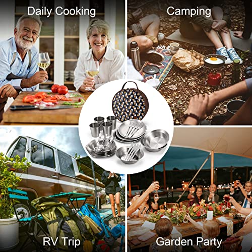 Odoland Stainless Steel Camping Mess Kit for Family & Person, Cooking Tableware Utensils with Plates Bowls Forks Spoons Knives & Savings Bag for Camping, Backpacking, Hiking, Picnic - style: 4 Person Set