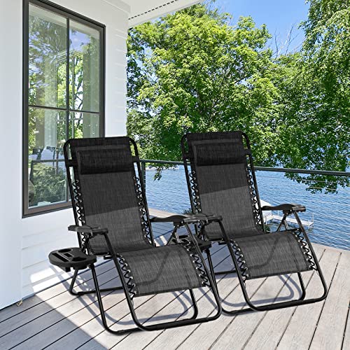 Giantex 2 PCS Zero Gravity Chair, Outdoor Chaise Lounge with Cup Holder, Patio Folding Chairs Recliner for Yard Pool Lawn Balcony, Gray - color: Grey, size: 1 Count (Pack of 2)