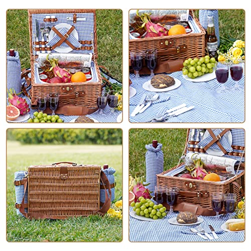 Picnic Basket for 4, Insulated Willow Picnic Baskets with Shoulder Strap, Picnic Hamper with Waterproof Picnic Blanket, Handmade Wicker Hamper for Outdoor, Great Gifts for Thanksgiving, Christmas - style: BlueCheck-4P