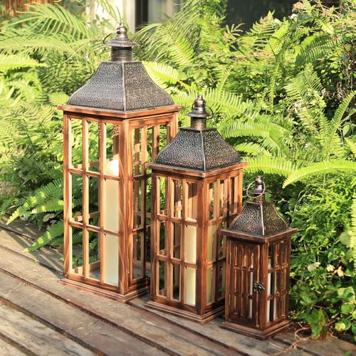Large Farmhouse Wooden Metal Lantern Set of 3, 27''/22''/15'' H Rustic Decorative Indoor & Outdoor Hanging Candle Lanterns, Wooden Outdoor Lanterns for Patio Front Porch Table, Brown - color: Rustic Brown, size: 3 Pcs-27''/22''/15'' H