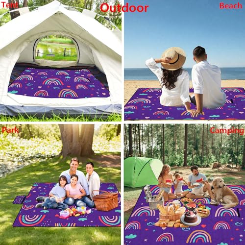 Large Picnic Blanket 79"X60" Outdoor Picnic Mat Foldable Waterproof Sand Beach Blanket Portable with Carry Strap Cozy Rug for Picnics Camping Park Lawn Hiking Concerts Tent Indoor Play Mat, Rainbow - color: Cute Rainbow