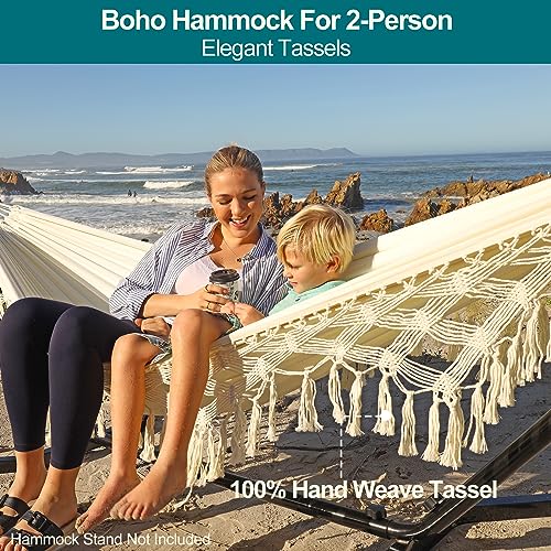 JoyView Boho Macrame Double Hammock with Hanging Ropes & Elegant Tassels 86.6x59 Portable Cotton Hammock for Patio Backyard Porch 450LBS Weight Capacity Perfect for Outdoor/Indoor - Beige Color - color: Natural White With Tassel