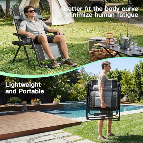 Amopatio Zero Gravity Reclining Patio Chairs Set of 2 XXL Foldable Lounge Chair with Removable Cup Holder/Headrest/Footrest,500LBS Capacity Portable for Outdoor Patio Pool Backyard - color: Grey, style: 33in-2pcs