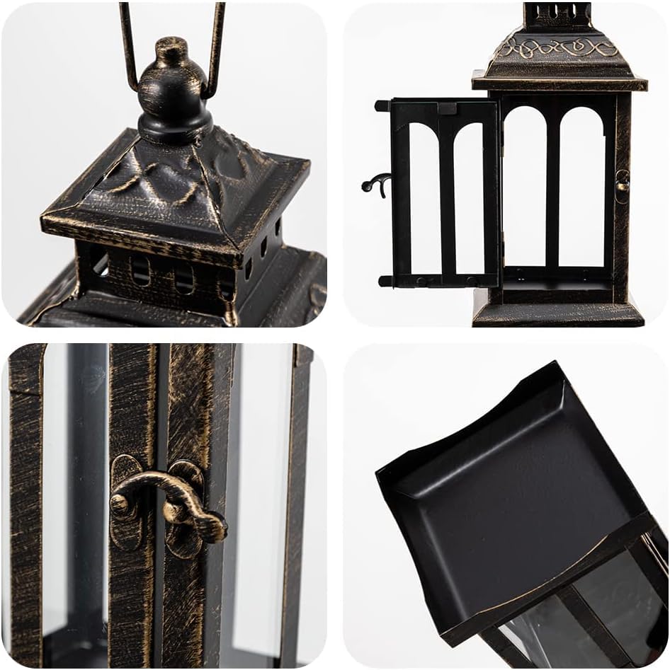 Candle Lantern Decorative Indoor & Outdoor, Christmas Vintage Metal Hanging Lanterns Decor for Front Porch Home Patio Wedding Party, Halloween Decorations (Black with Copper Brush) - color: Black |||