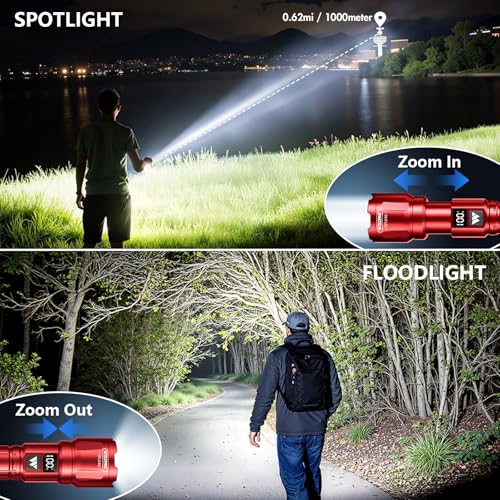 WdtPro LED Rechargeable Flashlight 2 Pack, 3 Modes Super Bright High Lumens Flashlights, Zoomable Tactical Flash Light with LCD Display, IP65 Waterproof Flashlights for Home Emergency Camping - Red - color: Red