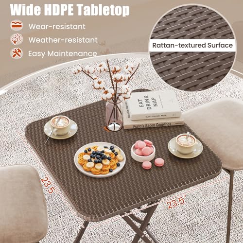 Tangkula 23.5" Square Folding Table, Indoor Outdoor Foldable Plastic Table with Rattan Textured HDPE Tabletop, Sturdy Metal Fame, Carrying Handle, 4 Person Picnic Table for Camping BBQ Party - color: Coffee, size: 23.5 in, style: Classic