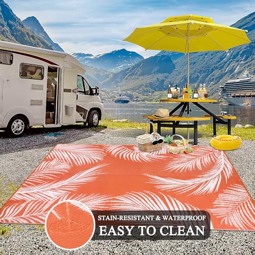 Pauwer Waterproof Outdoor Rug 6x9, Reversible Plastic Straw Patio Camping Rug, Indoor Outdoor RV Mat Carpet for Deck, Camper, Porch, Balcony, Backyard, Picnic, Leaf Orange - color: Leaf Orange, size: 6' x 9' (Rectangular)