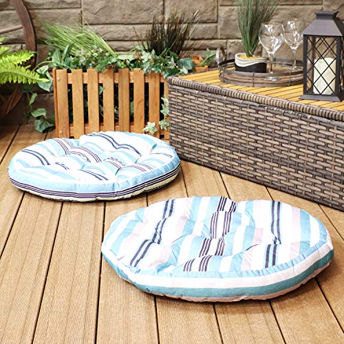 Sunnydaze Tufted Large Round Floor Cushion - Set of 2 - Unique Outdoor/Indoor Chair Cushions or Meditation Cushions - 300D Olefin with Polyester Fill - 22-Inch Diameter - Seaside Stripes - color: Seaside Stripes