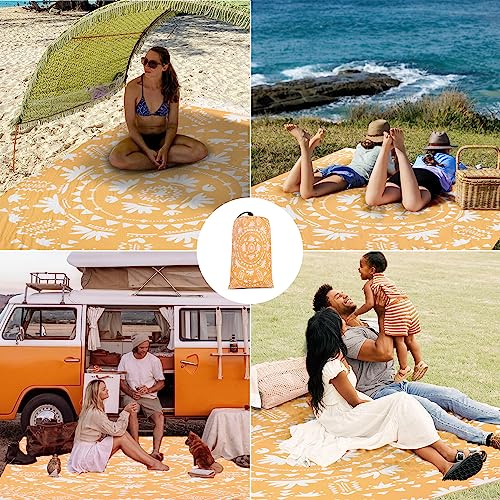Sandproof Waterproof Beach Blanket, 78''×86'' Large Foldable Picnic Blankets for 1-4 Adults w/ 4 Stakes & 4 Pockets, Polyester Lightweight Sand Free Boho Outdoor Beach Mat for Camping, Hiking, Travel - color: Boho Honey, size: 6.5x7.2 FT (1～4 person)