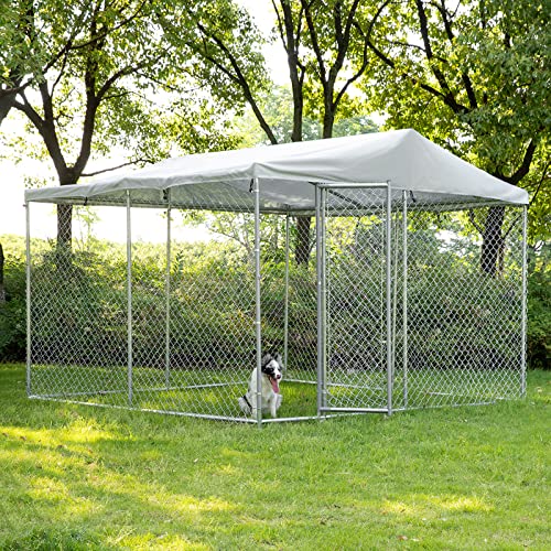 VIVIJASON Outdoor Large Dog Kennel Heavy Duty Fence Dog Cage with Galvanized Chain Link, Outside Pen Playpen Dog Run House with UV & Waterproof Cover and Secure Lock for Backyard(9.84'Lx9.84'Wx7.21'H) - color: 9.84'Lx9.84'Wx7.21'H