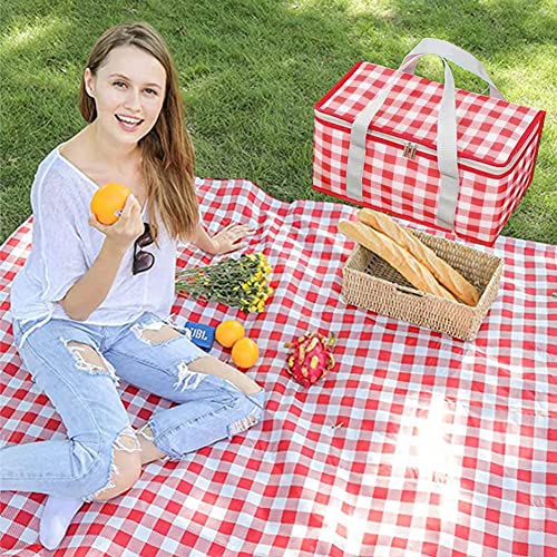 Insulated Picnic Bag Cooler Reusable, Beach Bag Cooler Bags with Zippered Top - Insulated Bag for Hot or Cold,Picnic Basket Collapsible, Picnic,Beach, Outdoor (13.8x7.9x7.9 in) - color: RED