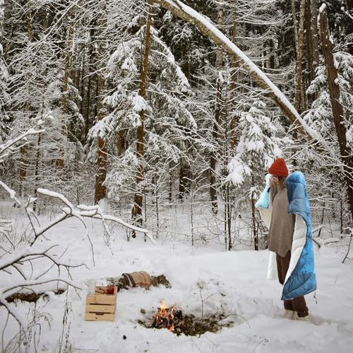 zzlamb Outdoor Camping Blanket with Sherpa Lining,Puffy Thick Camp Quilt for Sleeping,Packable Warm Wearable Fleece Blankets for Cold Weather,Traveling,Backpacking,Picnics,Beach,Stadium 52x75in - color: Cyan Ridge Fade