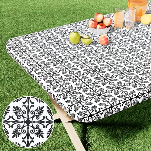 misaya Rectangle Vinyl Table Cloth, Elastic Fitted Flannel Backed Tablecloth, 100% Waterproof Plastic Table Cover Fits 4 Foot Folding Tables for Picnic, Camping, Outdoor (Black, 30" x 48") - color: Black, size: 48" x 30" (Rectangular)