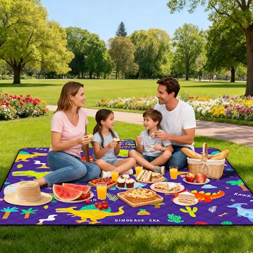 Extra Large Picnic Blanket Waterproof,80"x 80"Foldable Machine Washable Beach Blankets,Outdoor Blanket for 6-8 Adults,Picnic Mat Suitable for Indoor Crawling,Park Beach,Camping,Hiking,Travel（Dinosaur) - color: Blue Dinosaur, size: 6'8" x 6'8" (Square)