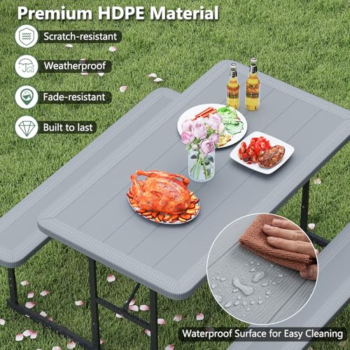 LDAILY Picnic Tables with Benches, Rectangular Dining Table Set for Outside 4 People, HDPE Tabletop, Metal Frame, Umbrella Hole, Heavy Duty Picnic Table for Outdoors, Patio, Lawn, Commercial (Gray) - color: Grey