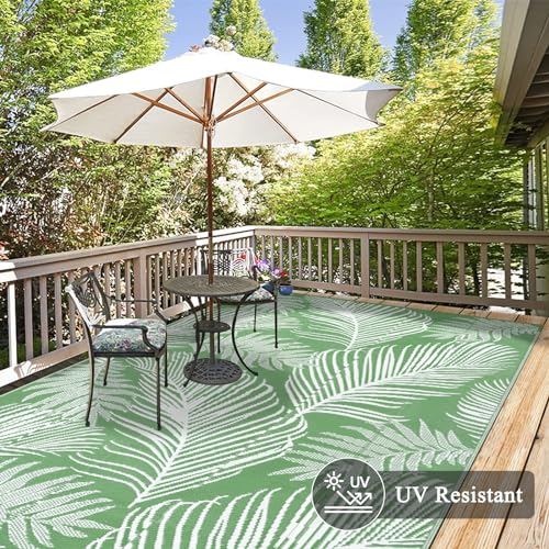 Pauwer Waterproof Outdoor Rug 6x9, Reversible Plastic Straw Patio Camping Rug, Indoor Outdoor RV Mat Carpet for Deck, Camper, Porch, Balcony, Backyard, Picnic, Leaf Green - color: Leaf Green, size: 6' x 9' (Rectangular)