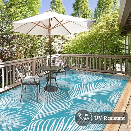 Pauwer Waterproof Outdoor Rug 6x9, Reversible Plastic Straw Patio Camping Rug, Indoor Outdoor RV Mat Carpet for Deck, Camper, Porch, Balcony, Backyard, Picnic, Leaf Teal - color: Leaf Teal, size: 6' x 9' (Rectangular)