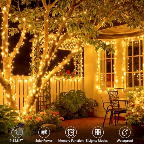 4 Pack Solar String Lights, Total 132Ft 400 LED Solar Powered Twinkle String Lights Waterproof with 8 Lighting Modes Green Wire for Patio Garden Party Yard Wedding Decors (Warm White) - color: Warm White