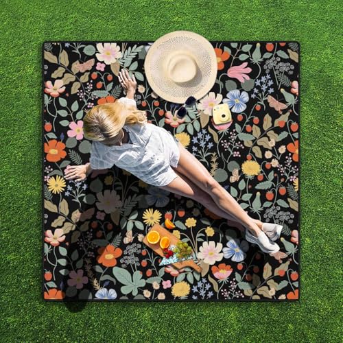 Picnic Blankets Waterproof Foldable Extra Large,80"x 80" Outdoor Beach Blanket Sandproof,3-Layer Lightweight Handy Mat Tote Picnic Camping Rugs for Outside Your Rv (Strawberry Floral) - color: Picnic Blankets 5