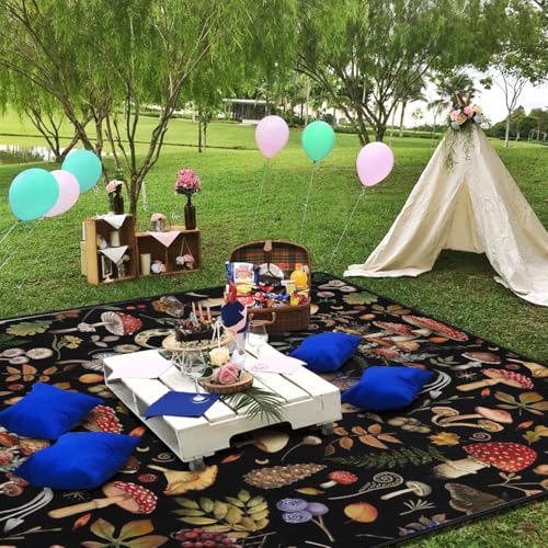 Supfitness Extra Large Picnic Blankets Waterproof Foldable (60"x 80") Mushroom Beach Blanket Waterproof Sandproof,3-Layer Thicking Mat Outdoor Packable Camping Blanket - color: Black-2, size: 5' x 6'8" (Rectangular)