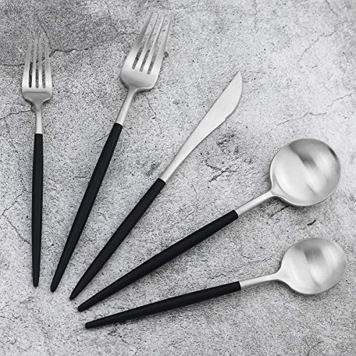 Black Handle Matte Silver Silverware Set - 5-Piece 18/10 Stainless Steel Satin Finish Flatware, Kitchen Utensils, Tableware Travel Cutlery for Camping Office Lunch - Dishwasher Safe - color: Black Handle Silver, size: Service for 1