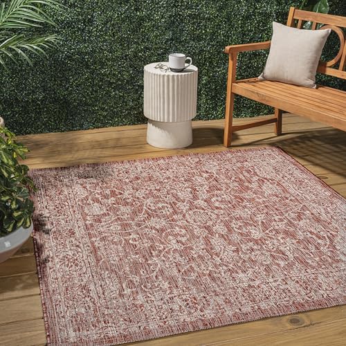 JONATHAN Y Weave Floral Indoor Outdoor Square Area Rug 5X5 Red/Taupe, Tela Bohemian Textured for Backyard, Patio, Porch, Easy-Cleaning, High Traffic, Pet-Friendly, Non-Shedding (SMB100A-5SQ) - color: Red/Taupe, size: 5'3" x 5'3" (Square)