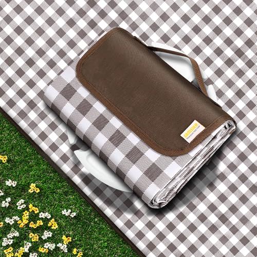 SAMSIER Outdoor Picnic Blankets Waterproof Foldable Sandproof, Large Gingham Cute Picnic Mat Washable Portable for Park Beach Camping Courtyard (Brown, 60"×80") - color: Brown, size: 5' x 6'8" (Rectangular)