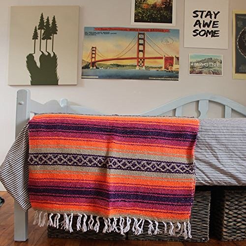Del Mex Classic Mexican Blanket, Large Authentic Woven Falsa Throw (70"x50"), Artisan Southwest Décor for Beach, Yoga, Outdoors (Pink/Orange) - color: Pink/Orange