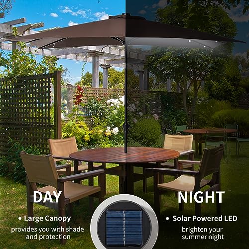 Outsunny 9' x 7' Solar Umbrella, LED Lighted Patio Umbrella for Table or Base with Tilt & Crank, Outdoor Umbrella for Garden, Deck, Backyard, Pool, Beach - color: Brown