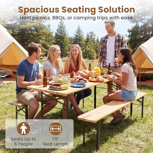 Giantex 3-Piece Folding Picnic Table with Benches Set, Solid Wood Camping Beer Table Bench Set with Metal Frame, Portable Patio Dining Furniture, Indoor & Outdoor Folding Table and Chairs for 4 (70'') - size: 70''