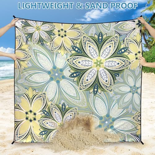 HIHOHO Beach Blanket Waterproof Sandproof Beach Mat for 1-8 Adults Quick Drying Durable Outdoor Picnic Mat for Beach Festival Travel Camping Hiking (Flourishing Blossom-Y&GN, 79"×83"(4 Person)) - color: Flourishing Blossom-y&gn, size: 6'11" x 6'7"