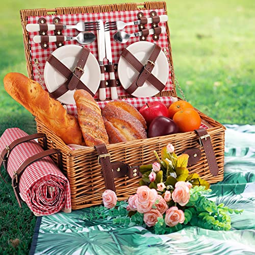 Picnic Basket for 4 Persons with Waterproof Picnic Blanket and Insulated Cooler, Large Wicker Picnic Basket for Camping, Outdoors, Valentine's Day, Christmas, Birthday, Wedding Gift - color: Red and White Small Plaid