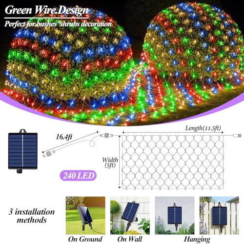 Lovelite 11.5ft x 5ft Solar Net Lights Outdoor, 240LED Christmas Mesh Lights Solar & USB Powered, Waterproof String Lights 8 Modes Green Wire for Bushes Patio Garden Holiday Party Decor (Multicolor) - color: Multicolor, size: 11.5ftx5ft (Green Wire)