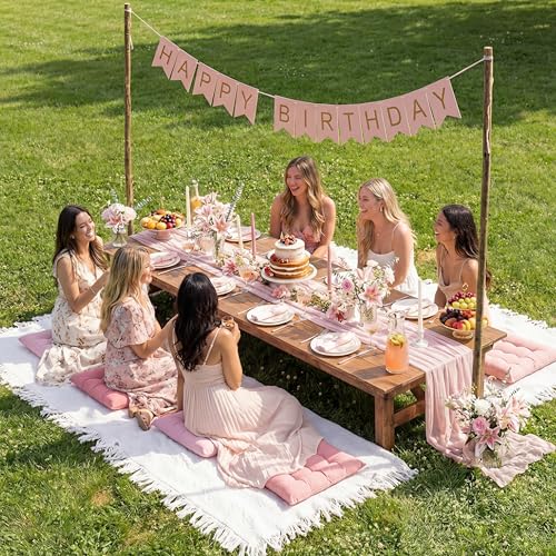 Extra Large Outdoor Picnic Blanket with Table Runner and Floor Pillow Cushion for Picnic Wedding Birthday Baby Shower Backyard (91 x 71'',Pink,6-Person) - color: Pink
