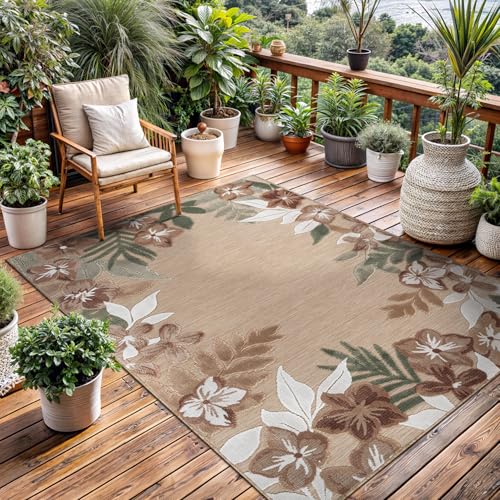 Outdoor Rug 9x12 Washable Area Rugs Indoor Outdoor Carpets Beige Border Floral Non Shedding Waterproof Easy Clean Patio Deck Porch Living Room Bedroom Garden RV (9 X 12 Beige) - color: 1-beige, size: 9' x 12' (Rectangular)