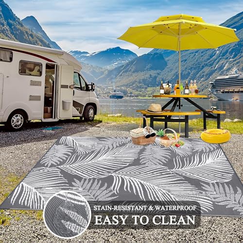 Pauwer Waterproof Outdoor Rug 6x9, Reversible Plastic Straw Patio Camping Rug, Indoor Outdoor RV Mat Carpet for Deck, Camper, Porch, Balcony, Backyard, Picnic, Leaf Grey - color: Leaf Grey, size: 6' x 9' (Rectangular)