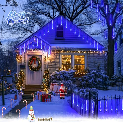 JMEXSUSS Solar Christmas Lights Outdoor, 8 Tube 144 LEDs Solar Meteor Shower Lights Outdoor, Hanging Blue Christmas Light for Tree Icicle Garden Yard Patio Gazebo Party Xmas Decor - color: Blue, size: 1*144LED