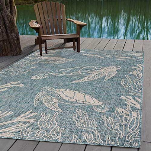 LR Home 5x7 Outdoor Area Rug | Turkish Carpet for Patio, Deck, Backyard, Garden, Front Porch, Picnic, Courtyard and Balcony | Large Boho Farmhouse Coastal, Beach, Coral Reef Themed Rug | Aqua/White - color: Aqua/White, size: 5'3" x 7' (Rectangular)
